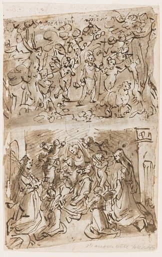 The Infant John in the Wilderness accompanied by Angels [above]; Virgin and Child with Saint Catherine and Saint Barbara [below]