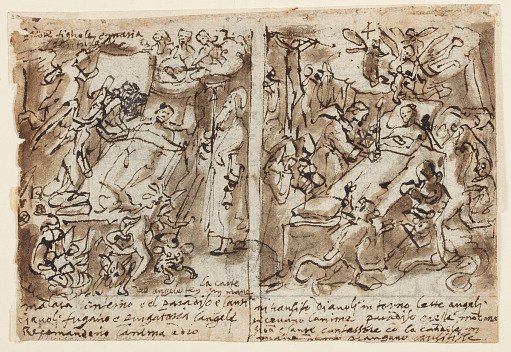 The Penitent Man Choosing Good over Evil [left]; Spirit of the Penitent Man Ascending to Heaven [right]