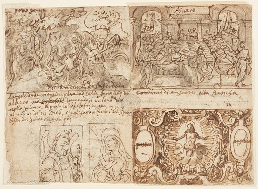 Wooded Landscape with Elijah Awakened and Nourished by an Angel on Mount Horeb [above left]; Annunciation [below left]; The Banquet of King Ahasuerus [above right]; Christ Surrounded by Angels with the Arma Christi [below right].