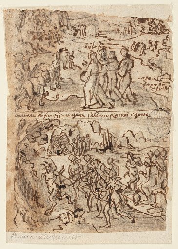 Apollonius meeting the People and Animals of Ethiopia [above]; Apollonius Quelling the Ghost of a Satyr in Ethiopia [below]