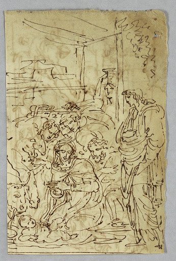 Adoration of the Shepherds; Arcangle St. Michael after Raphael; St. Margarite after Raphael; Aloof de Wignancourt by Caravaggio; Putti; Study of the Flood; Verso: Disposition after Volterra; St. Ceclia after Raphael; Portion of Marriage of Henry IV to...