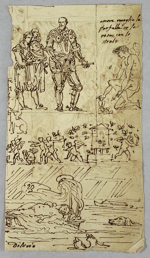 Adoration of the Shepherds; Arcangle St. Michael after Raphael; St. Margarite after Raphael; Aloof de Wignancourt by Caravaggio; Putti; Study of the Flood; Verso: Disposition after Volterra; St. Ceclia after Raphael; Portion of Marriage of Henry IV to...