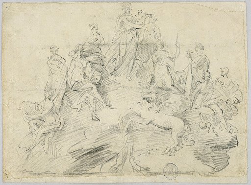 Sketch of Apollo, the nine Muses and Pegasus upon the summit of the Helicon