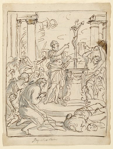 Sketches for paintings. Obverse: A Roman officer holds a crucifix upon a heathen altar. Reverse: Christ rising