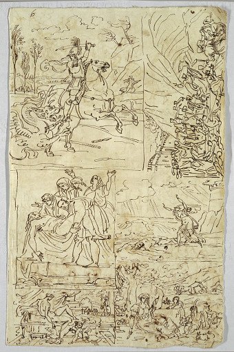 St.George and the Dragon by Raphael; Biblical Scene; Disposition by Caravaggio; Ero e Leandro; Love by Lambert Sustris; Spinning Girl by Domenico Fetti; Verso: Apollo and Muse by Poussin; Cupid by Corregio; St. Peter and St. John by Poussin; Madonna....