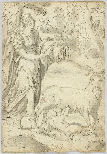 Drawing: A) Rhea and the infant Jupiter. B) St. Francis of Assisi