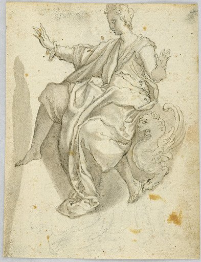 Drawing: A) Personification of charity, B) A terrified woman