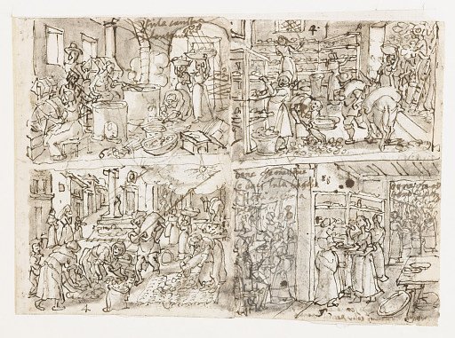Heating and Preparing Cocoons, Reeling Silk [above left]; Drying Mulberry Leaves [below left]; The Gathering of Mulberry Leaves and the Feeding of the Silkworks [above right]; The Silkworm Eggs Spread Out on Shelves [below right]