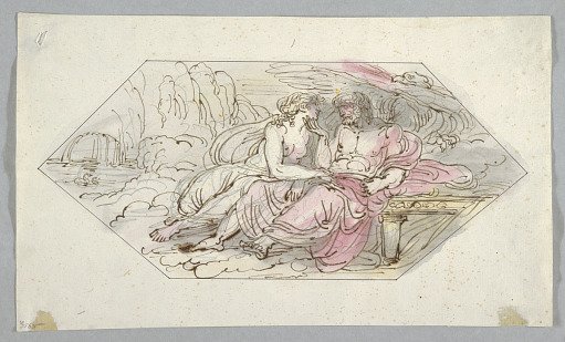 Jupiter consoles an imploring goddess, probably Venus
