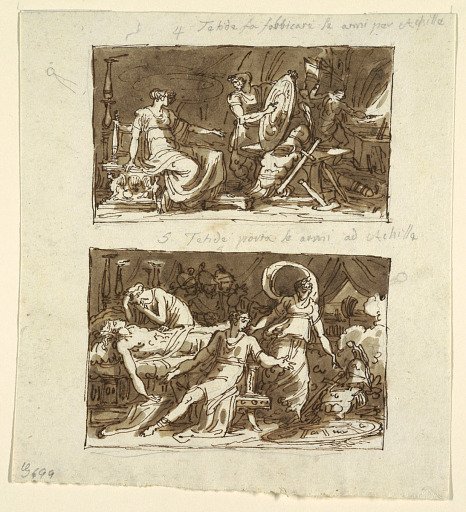 Thetis in the Workshop of Hephaestus; Thetis Showing the Armor to Achilles: Two Designs for Ceiling Panels in the Galeria d'Iliade, Palazzo Milzetti, Faenza