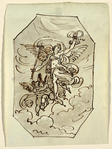 Octagonal Drawing, Fame with Two Putti, Palazzo Morri, Faenza