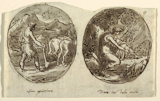 Man the Farmer, Diana the Goddess of the Hunt, Design for Vaulted Ceiling, Sala dei Legislatori, Palazzo Conti-Sinibaldi, Faenza