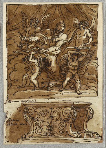 Pope Gregorio VII and Four Angels, Study after Raphael "Persons of the Papacy"; Antique Bench