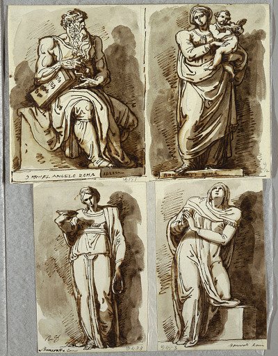 Studies after Four Statues on the Tomb of Julius II, after Michelangelo: Moses; Madonna and Child; Leah, Virtue; Rachel, Religion