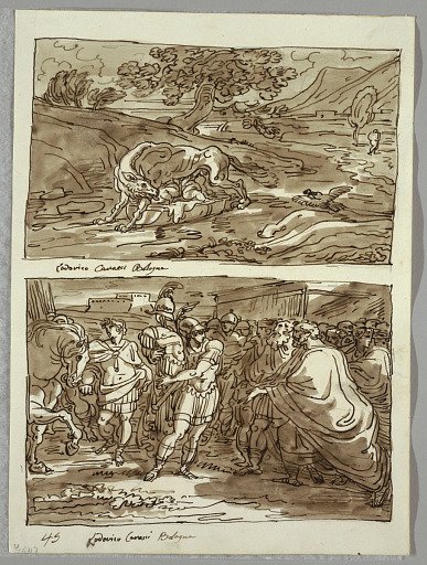 Romulus and Remus Suckled the Wolf; Romulus Dedicates to Jove Feretrius the Spoils of Conquered King Acronius, Two Studies after Carracci
