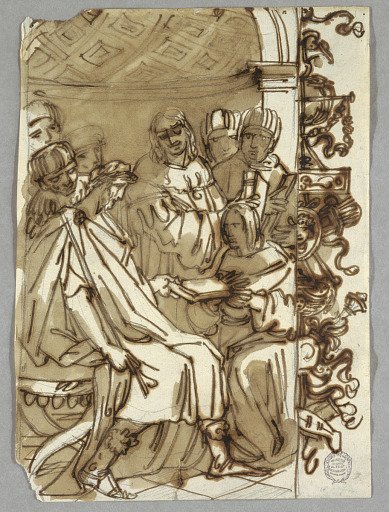 Tribonian Presents Pandects to Emperor Julian, after Perino del Vaga; Sketch of Trophy