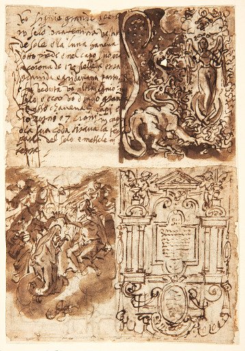 Inscription [above left]; Woman of the Apocalyse [above right]; Coronation of the Virgin [below left]; Frontispiece [below right]