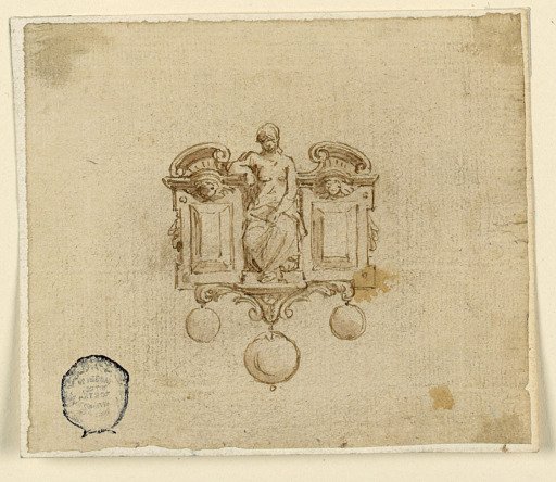 Design for Brooch with Woman in Broken Pedimet
