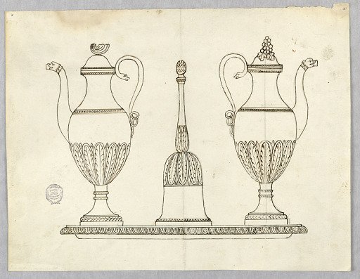 Elevation of a Tray with Two Tankards and a Hand Bell