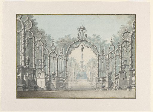 Stage Design of a Garden Setting with Fountains and Arbors