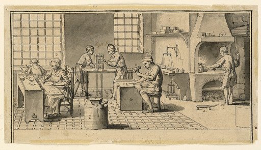 A gold beater's workshop for Diderot's Encyclopedie