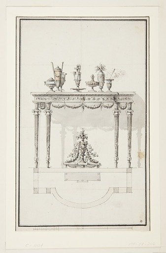 Elevation and Plan for a Side Table with Covered Dishes, Urns and Cup