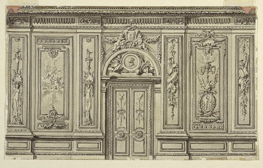 The elevation of the entrance wall of a drawing room with alternative suggestions