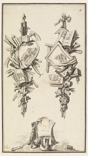 A pair of trophies referring to the crafts of the cabinet maker and the carpenter