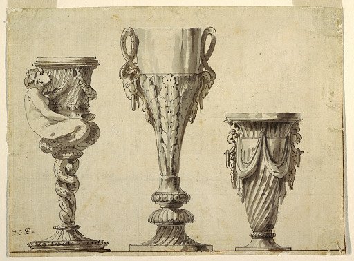 Design for a Candlestick, Cup, and Vase