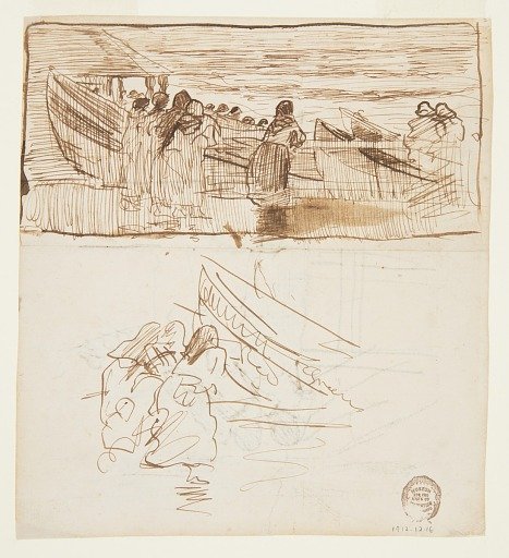 Two Studies of Women Standing behind Railing, Looking at the Launching of Dories, Cullercoats, England