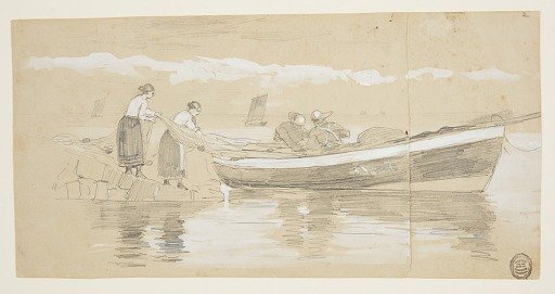 Fisherman and Women Stowing Nets in a Beached Dory, Cullercoats, England