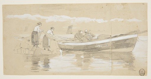 Fisherman and Women Stowing Nets in a Beached Dory, Cullercoats, England