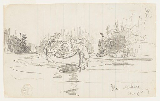 Canoe with Three Men, Ile Maligne, Quebec