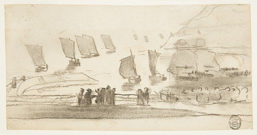 Beach Scene with People and Fishing Boats, Cullercoats, England