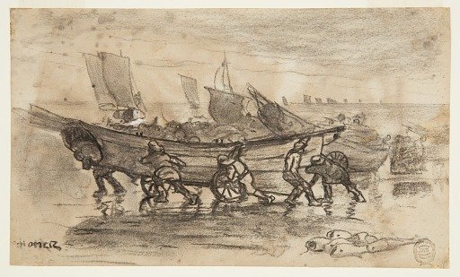 Fishermen Beaching a Dory, Cullercoats, England