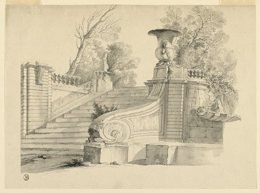 Fantasy. A staircase in a park, in ruins.