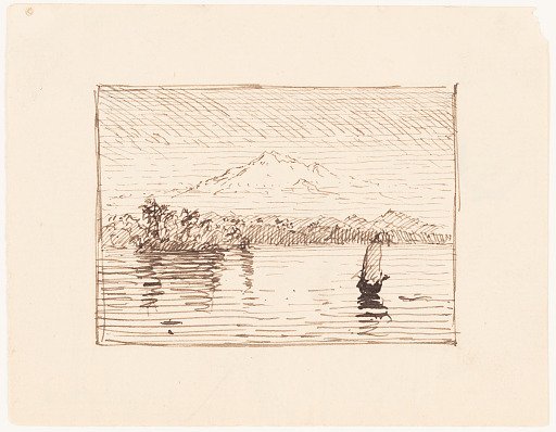 Imaginary Lake Landscape with a Distant Mountain