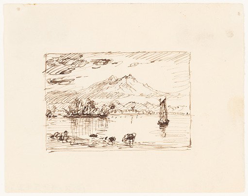 Imaginary Lake Landscape with a Distant Mountain