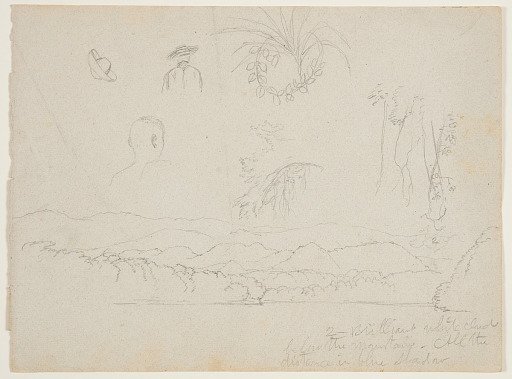 River Bank with Mountains and Clouds, Three Plants, and Men with Hats, Colombia