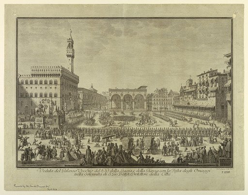 View of Palazzio Vecchio, Loggia, and Pizza on Occation of Fête in homage to St. John the Baptist, Plate 23 from "Scelta di XXIV Vedute delle principali contrade, piazze, chiese, e palazzi della Città di Firenze"