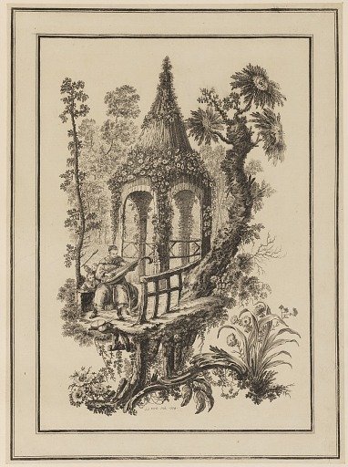 Three Figures In Front of Structure with Trees