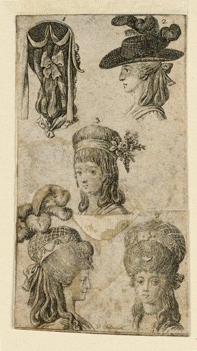 Five Headgears for Women, Two Fragments of Illustrations for "Königl: Grosbrit [anische] Genealogischer Kalender auf das 1781 Jahr Lauenberg bey J.G. Berenberg"