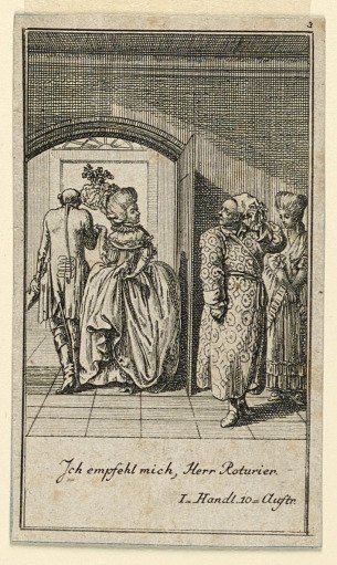 The Elderly Couple Haughtily Ending a Visit, Illustration of the Play "Nicht mehr als sachs Schuesseln" by Fredrich Wilhelm Grossman in "Königl: Grosbrit [anische] Genealogischer Kalender auf das 1782 Jahr Lauenberg bey J.G. Berenberg"