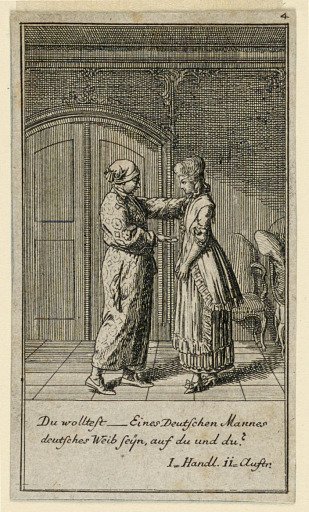 A Father or Guardian Talking to a Girl, Illustration of the Play "Nicht mehr als sachs Schuesseln" by Fredrich Wilhelm Grossman in "Königl: Grosbrit [anische] Genealogischer Kalender auf das 1782 Jahr Lauenberg bey J.G. Berenberg"
