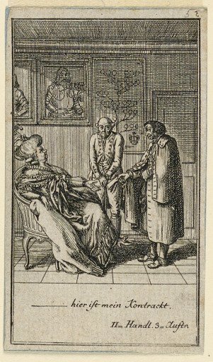 The Elderly Woman Hires a Man, Illustration of the Play "Nicht mehr als sachs Schuesseln" by Fredrich Wilhelm Grossman in "Königl: Grosbrit [anische] Genealogischer Kalender auf das 1782 Jahr Lauenberg bey J.G. Berenberg"
