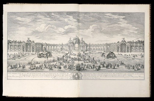 Veüe perspective de la décoration élevée sur la terrasse du Château de Versailles pour l’illumination et le feu d’artifice qui a été tiré à l’occasion du mariage de Madame Louise-Elisabeth de France avec Don Philippe Second Jnfant d’Espagne le XXVI Aoust M.DCC. XXXIX.