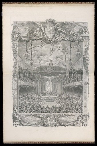 Décoration de la salle de spectacle, construit dans le manège couvert de la grande écurie à Versailles, pour la représentation de la Princesse de Navarre Comédie Ballet, donnée à l’occasion du Mariage de Louis Dauphin de France avec Marie Thérèse Infante d’Espagne, le XXIII février M.DCCLV.