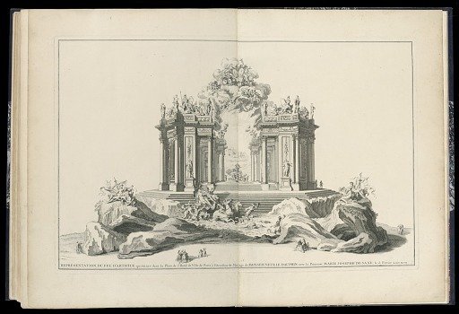 REPRÉSENTATION DU FEU D'ARTIFICE qui fut tiré dans la Place de l'Hotel de Ville de Paris à l'Occasion du Mariage de MONSEIGNEUR LE DAUPHIN avec la Princesse MARIE JOSEPHE DE SAXE, le 13 Fevrier M.DCC.XLVII.