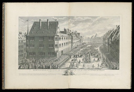 REPRÉSENTATION D’UNE PLACE DE STRASBOURG VUË DU CÔTÉ DE LA PORTE DE SAVERNE. Le Roi LOUIS XV. traversa cette Place le jour de son entrée