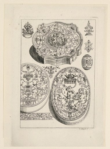 Designs for Tobacco and Powder Boxes, Watches, Seals, and other Goldsmith Ornaments, from the set "Neues sehr dienliches Goldschmids Büchlein"